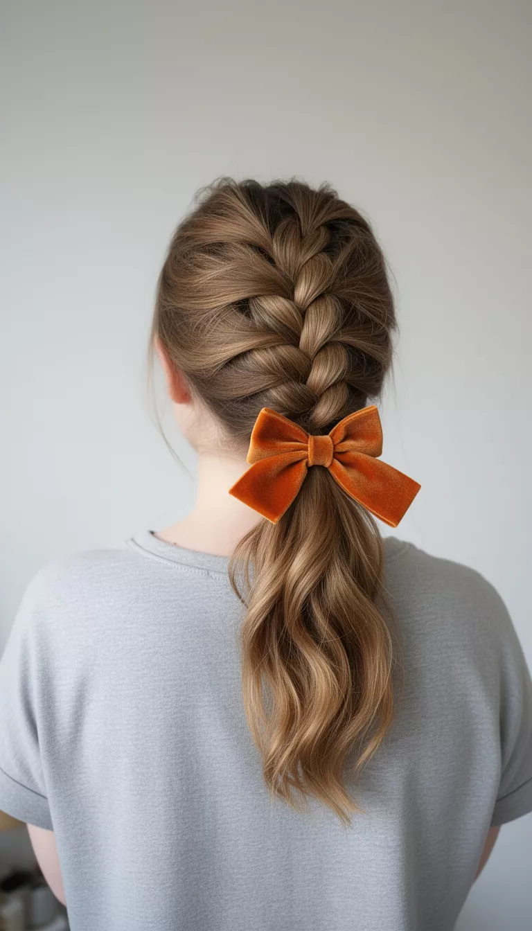 selfie of a 29-year-old woman wearing a casual top with an intricate half-up waterfall braid light brown ponytail secured with an orange velvet bow hairstyle, back view, minimal background