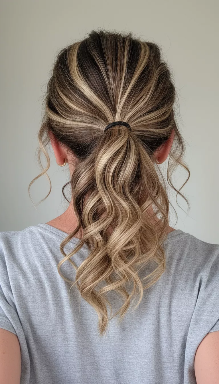 selfie of a 44-year-old woman wearing a casual top with a low loosely twisted highlighted blonde and brown ponytail with curly face-framing tendrils hairstyle, back view, minimal background