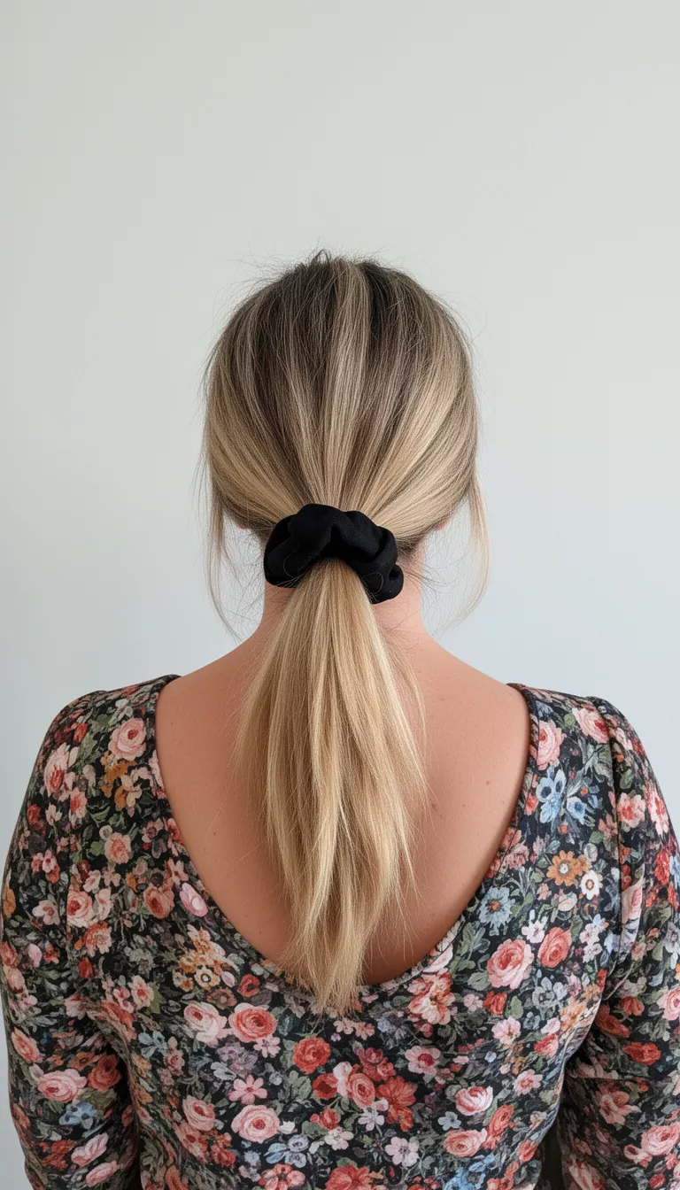 selfie of a 35-year-old woman wearing a floral print top with a low casual blonde ponytail secured with a black scrunchie hairstyle, back view, minimal background