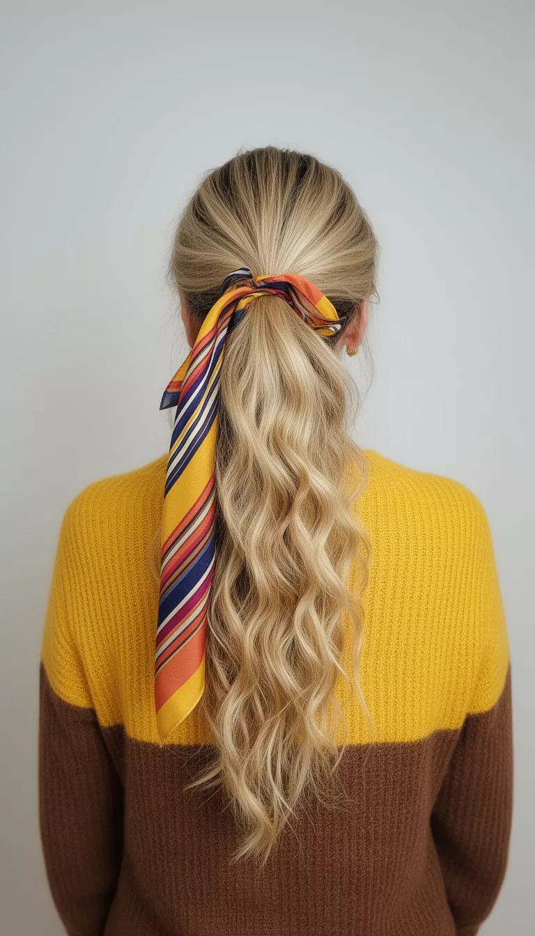 selfie of a 41-year-old woman wearing yellow and brown layers with a very long wavy blonde mid-height ponytail secured with a multi-colored striped scarf hairstyle, back view, minimal background
