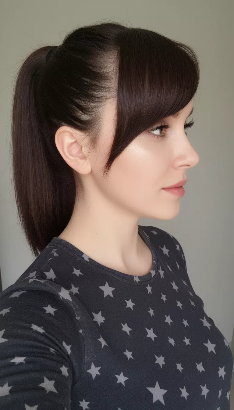 selfie of a 29-year-old woman wearing a dark star-patterned top with a sleek high dark brown ponytail with dramatic side-swept bangs hairstyle, profile view, minimal background