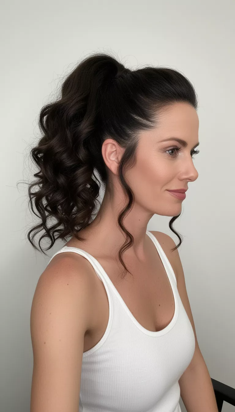 selfie of a 35-year-old woman wearing a white tank top with a dark hair sculpted high ponytail with voluminous bouncy curls hairstyle, profile view, minimal background