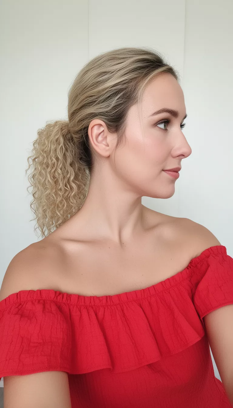 selfie of a 29-year-old woman wearing a ruffled off-the-shoulder red top with a low textured blonde ponytail hairstyle, profile view, minimal background