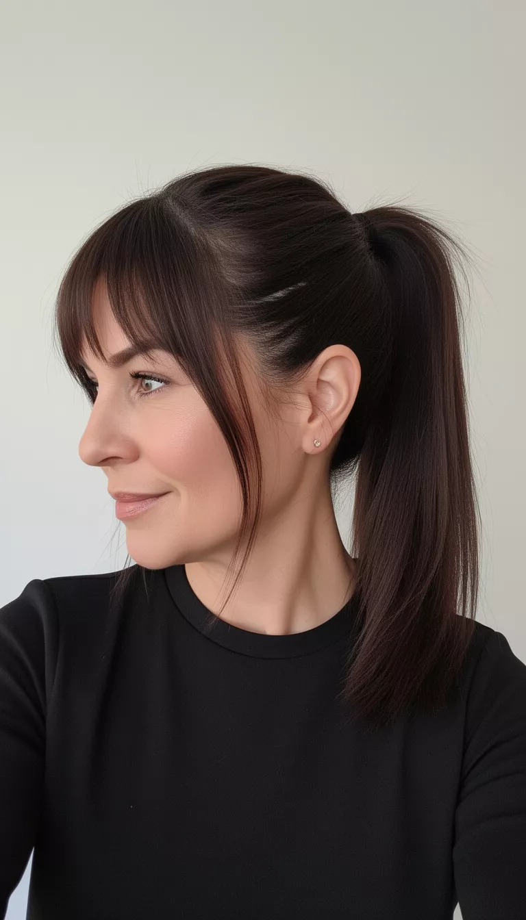 selfie of a 39-year-old woman wearing a black top with a sleek mid-height dark brown ponytail with face-framing pieces hairstyle, profile view, minimal background