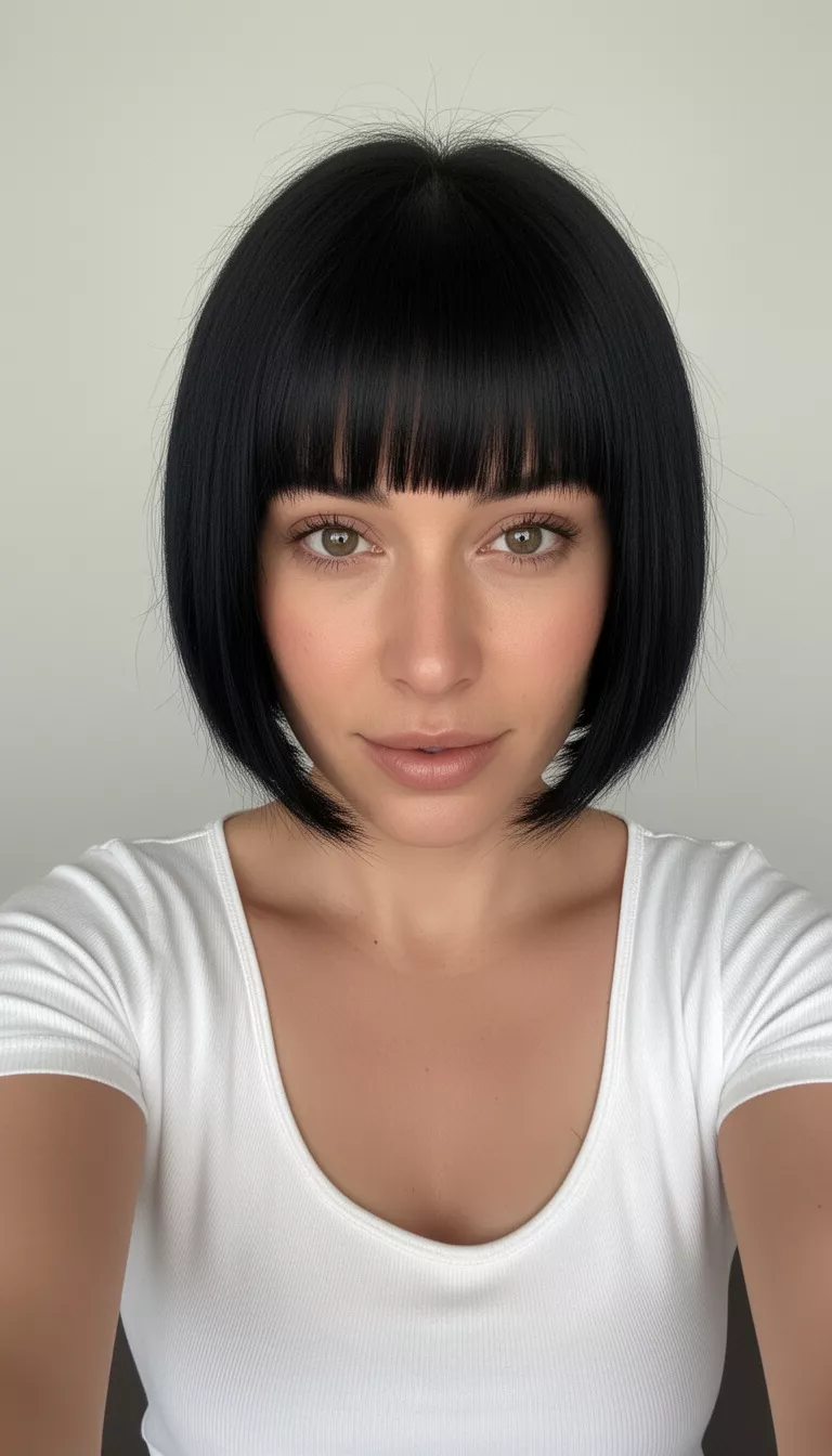 selfie of a 33-year-old woman wearing a white top with a Choppy Black Bob With Micro Bangs hairstyle, front view, minimal background