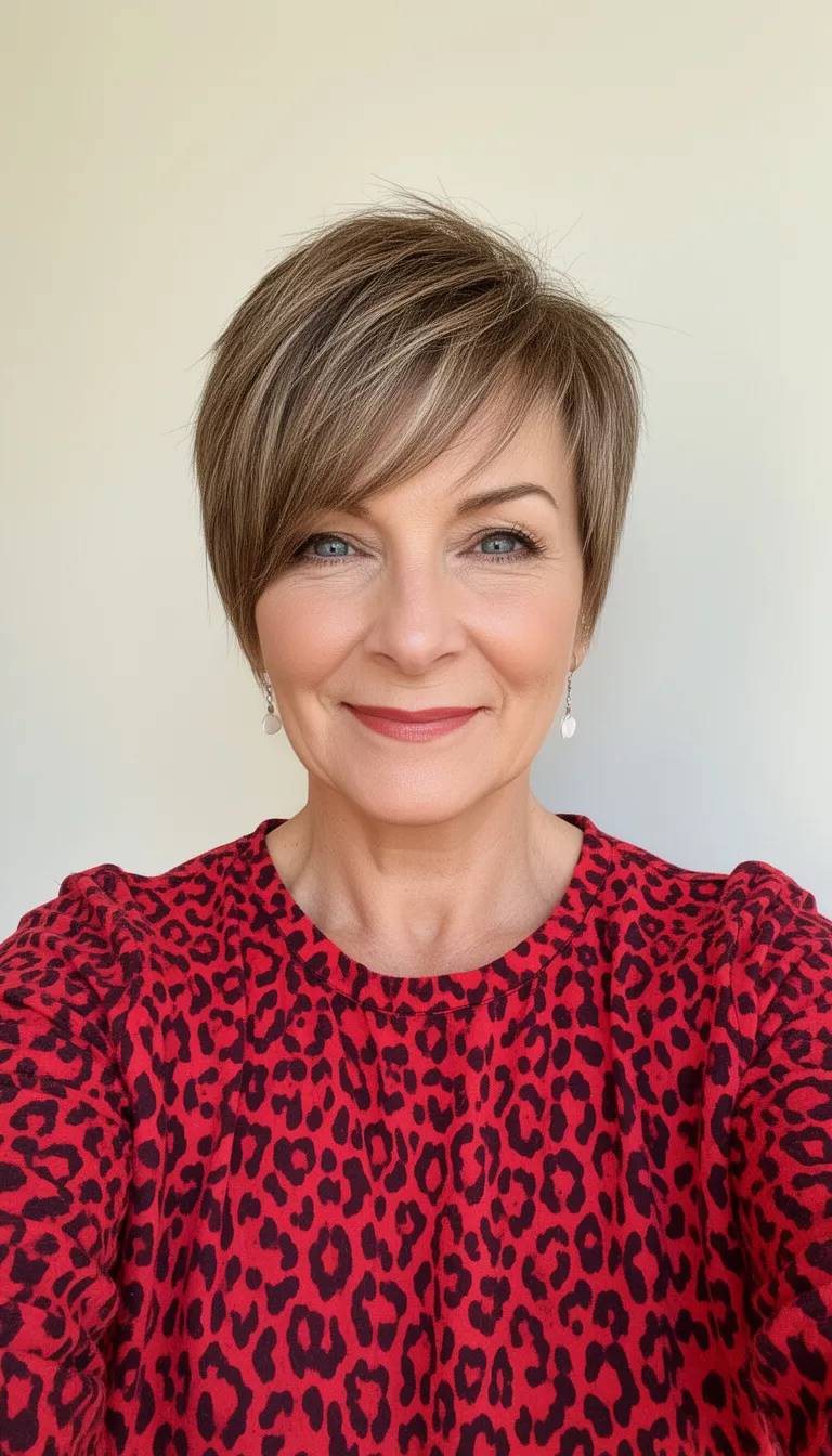 selfie of a 45-year-old woman wearing a red leopard print top with a Textured Pixie With Sweeping Bangs hairstyle, front view, minimal background