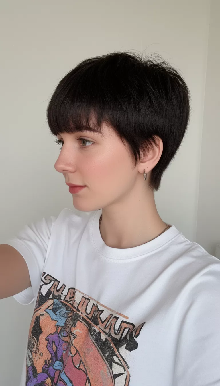 selfie of a 29-year-old woman wearing a white graphic tee with a Shaggy Pixie With Short Bangs hairstyle, profile view, minimal background
