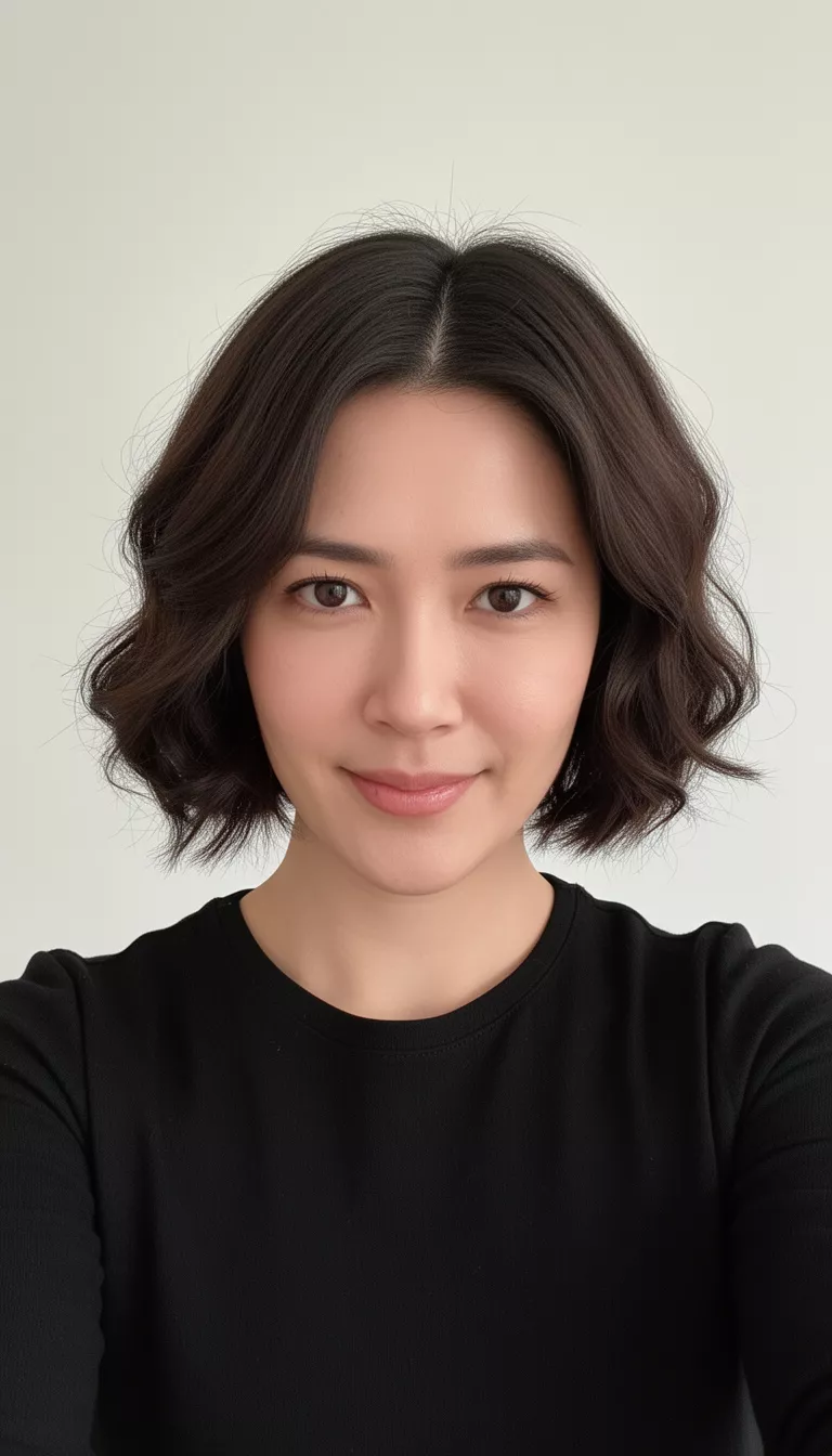 selfie of a 30-year-old woman wearing a black top with a Softly Waved Dark Brown Bob hairstyle, front view, minimal background