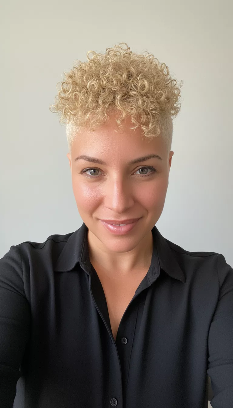 selfie of a 41-year-old woman wearing a black collared shirt with a Tight Blonde Curly Crop hairstyle, front view, minimal background