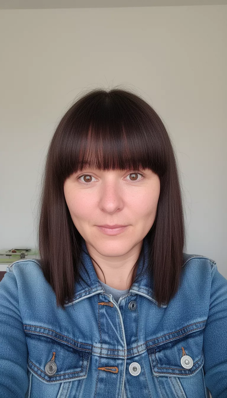 selfie of a 37-year-old woman wearing a blue denim jacket with a Straight Dark Brown Fringe hairstyle, front view, minimal background