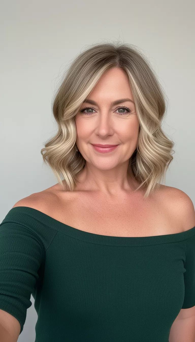 selfie of a 43-year-old woman wearing a dark green off the shoulder top with a Layered Wavy Blonde Lob hairstyle, front view, minimal background