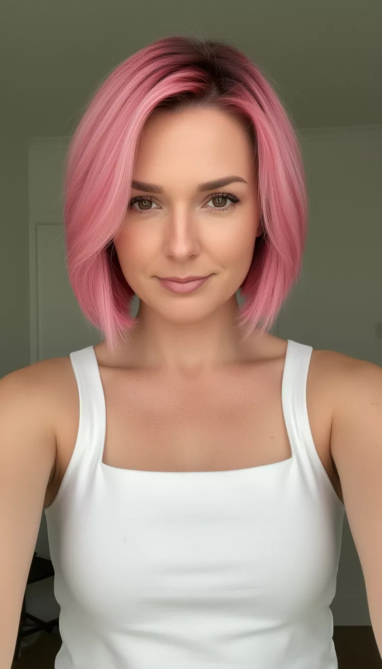selfie of a 32-year-old woman wearing a white square neck tank top with a Pink Ombre Rooted Bob hairstyle, front view, minimal background
