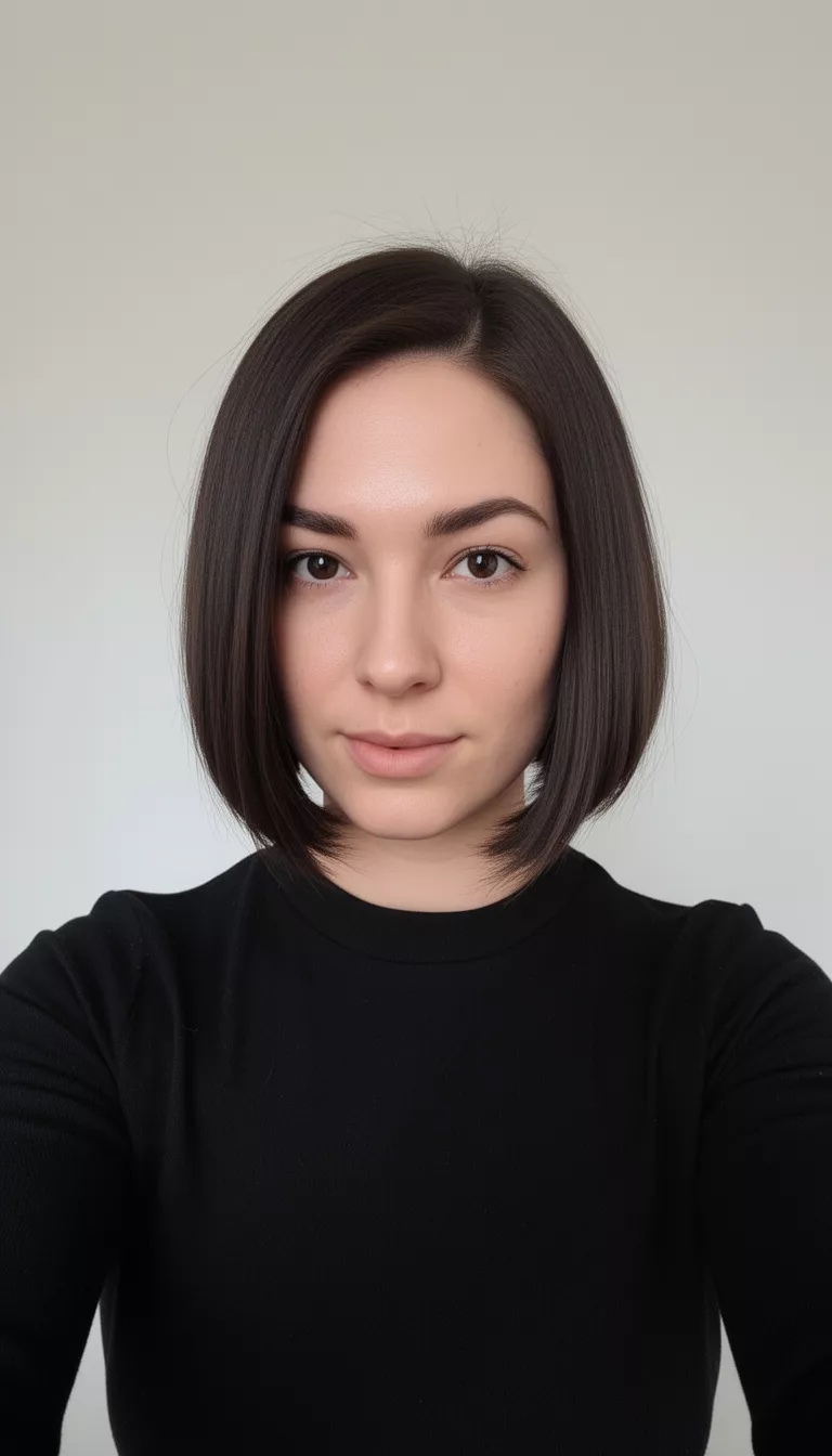 selfie of a 31-year-old woman wearing a black top with a Blunt Bob With Deep Side Part hairstyle, front view, minimal background