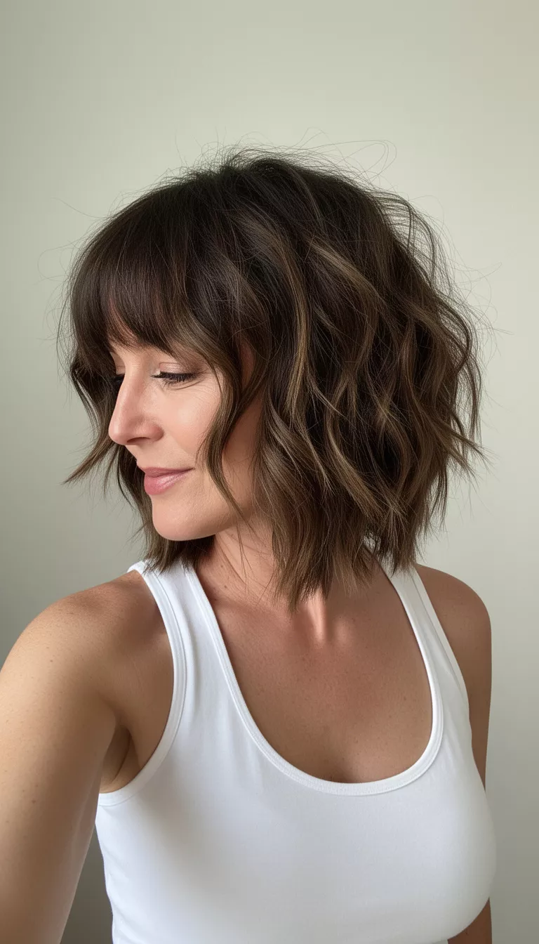 selfie of a 41-year-old woman wearing a white tank top with a Voluminous Choppy Lob hairstyle, side profile view, minimal background