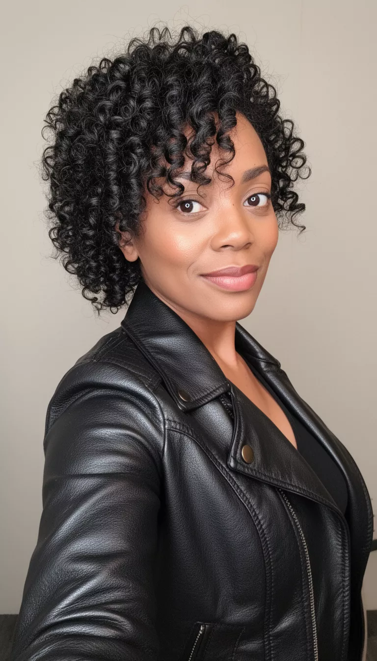selfie of a 38-year-old woman wearing a black leather jacket with a Tight Curls And Leather hairstyle, three quarter view, minimal background