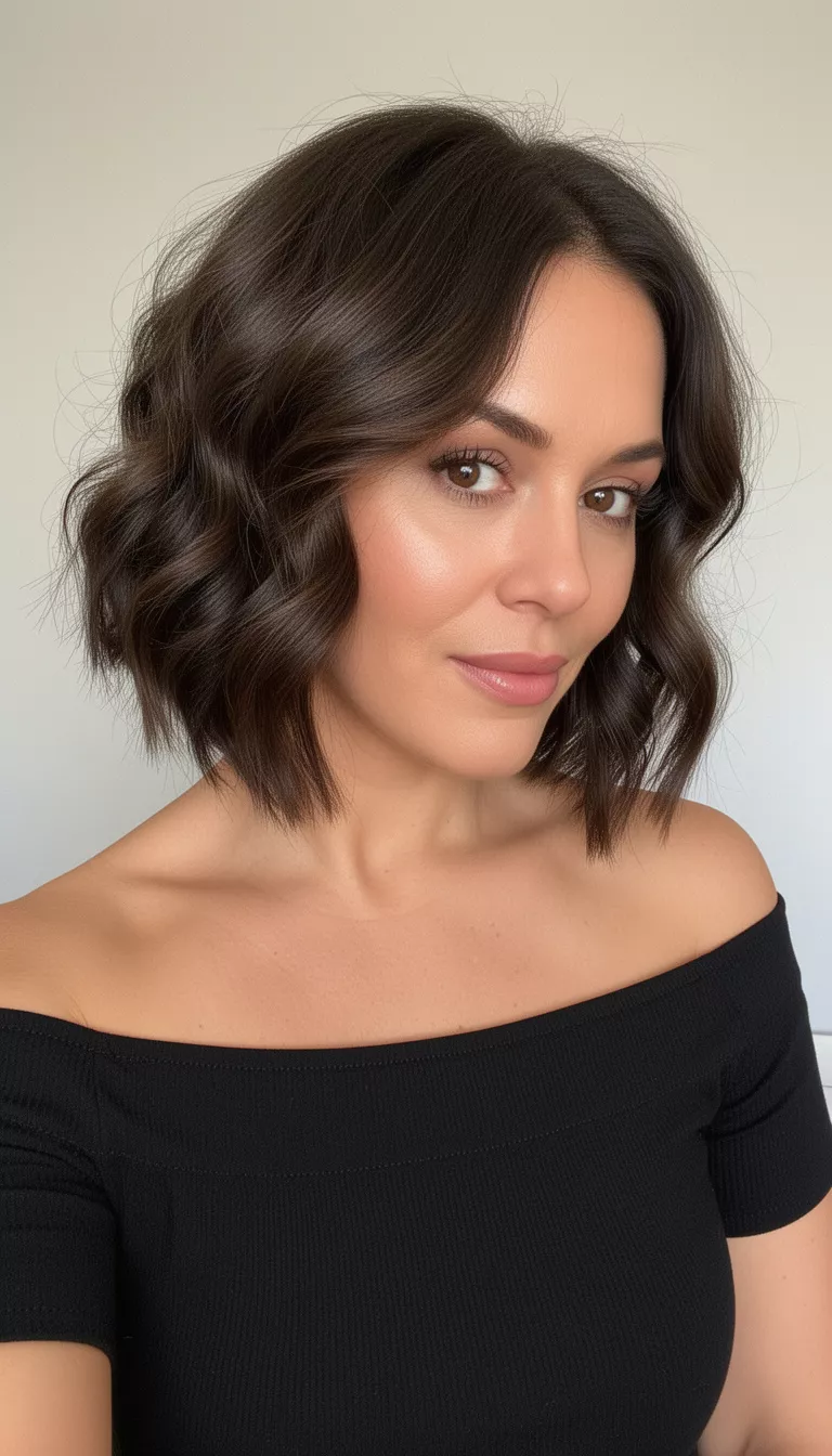 selfie of a 35-year-old woman wearing a black off the shoulder top with a Wavy Voluminous Chin Length Bob hairstyle, side view, minimal background