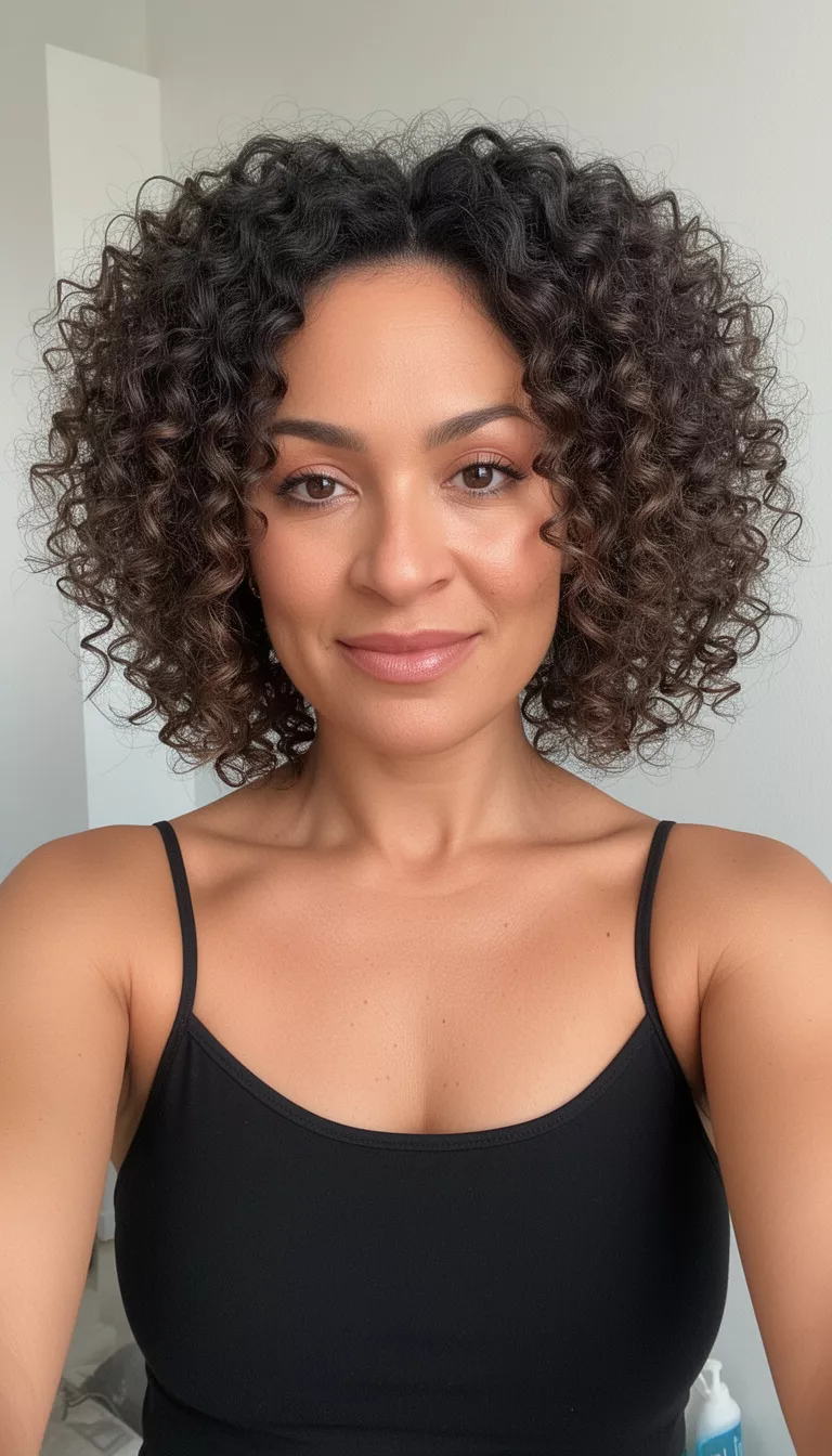 selfie of a 37-year-old woman wearing a black spaghetti strap top with a Voluminous Studio Curls hairstyle, front view, minimal background