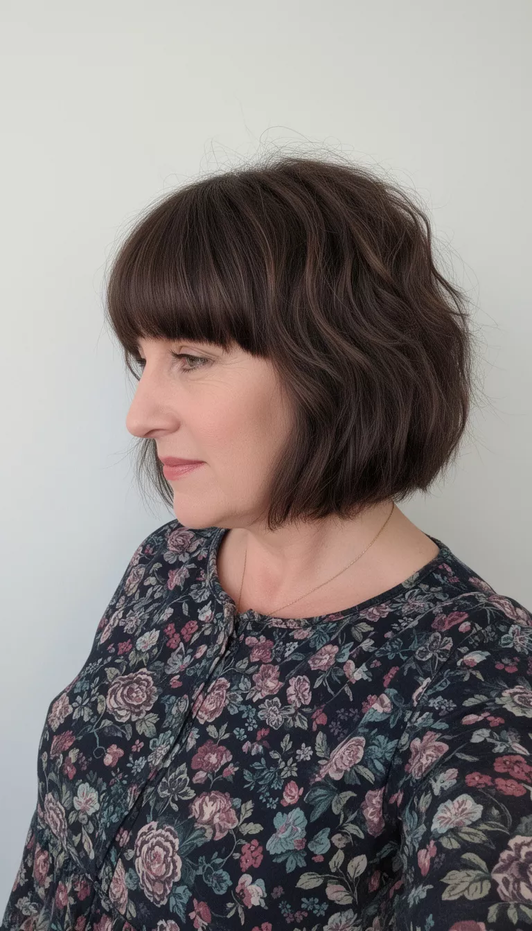 selfie of a 48-year-old woman wearing a dark floral top with a Shaggy Medium Bob With Fringe hairstyle, side view, minimal background