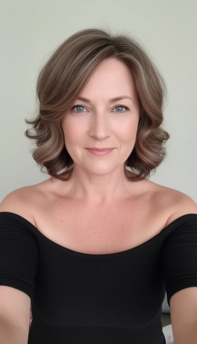selfie of a 46-year-old woman wearing a black off the shoulder top with a Softly Waved Layered Bob hairstyle, front view, minimal background