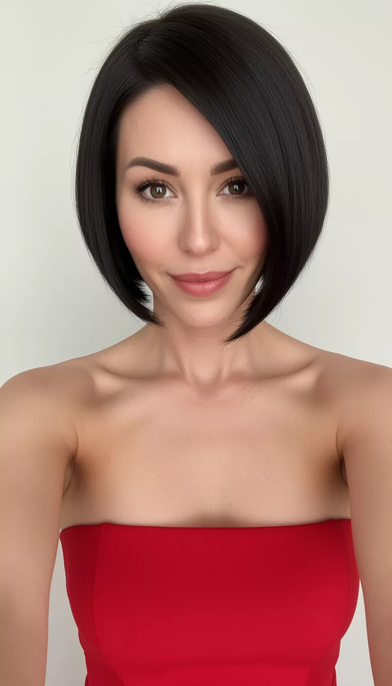 selfie of a 36-year-old woman wearing a red strapless dress with a Sleek Dramatically Angled Bob hairstyle, front view, minimal background