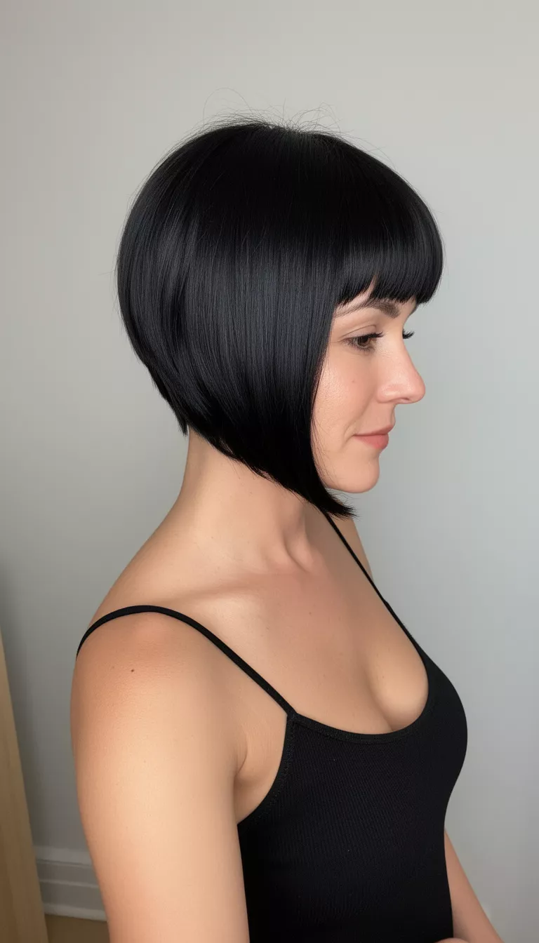 selfie of a 35-year-old woman wearing a black spaghetti strap top with a Sleek Black Pixie With Long Bangs hairstyle, side profile view, minimal background