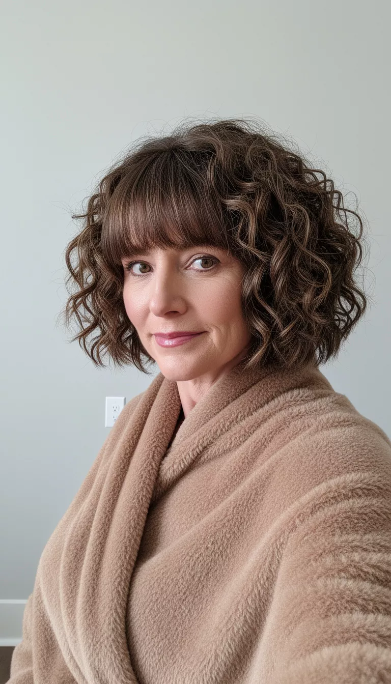 selfie of a 47-year-old woman wearing a fuzzy light brown wrap with a Voluminous Curly Bob With Bangs hairstyle, side view, minimal background