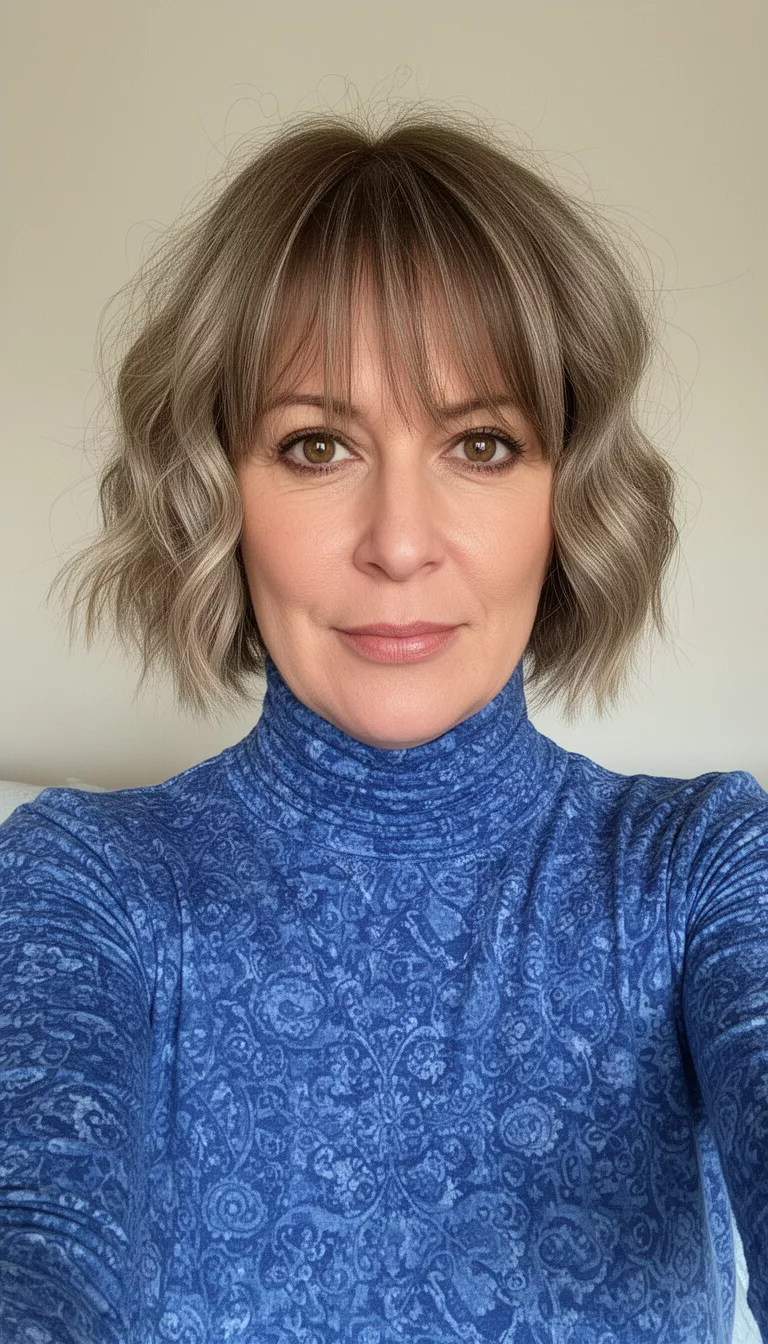 selfie of a 44-year-old woman wearing a blue patterned turtleneck with a Wavy Bob With Wispy Bangs hairstyle, front view, minimal background