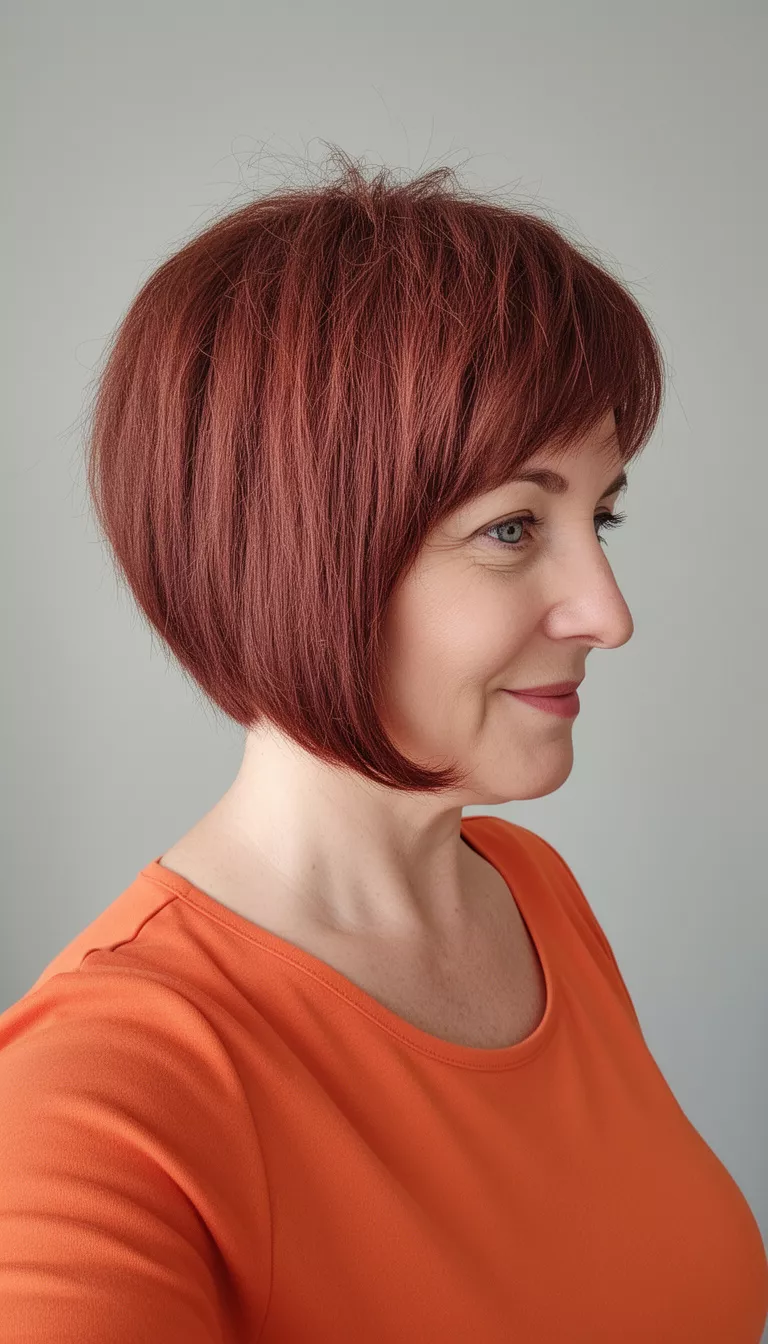 selfie of a 40-year-old woman wearing an orange top with a Reddish Brown Textured Bob hairstyle, side view, minimal background