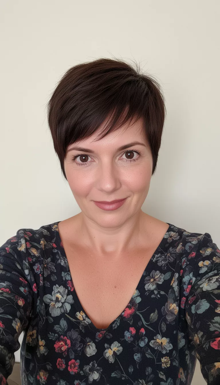 selfie of a 39-year-old woman wearing a dark floral top with a Engaging Dark Brown Pixie hairstyle, front view, minimal background