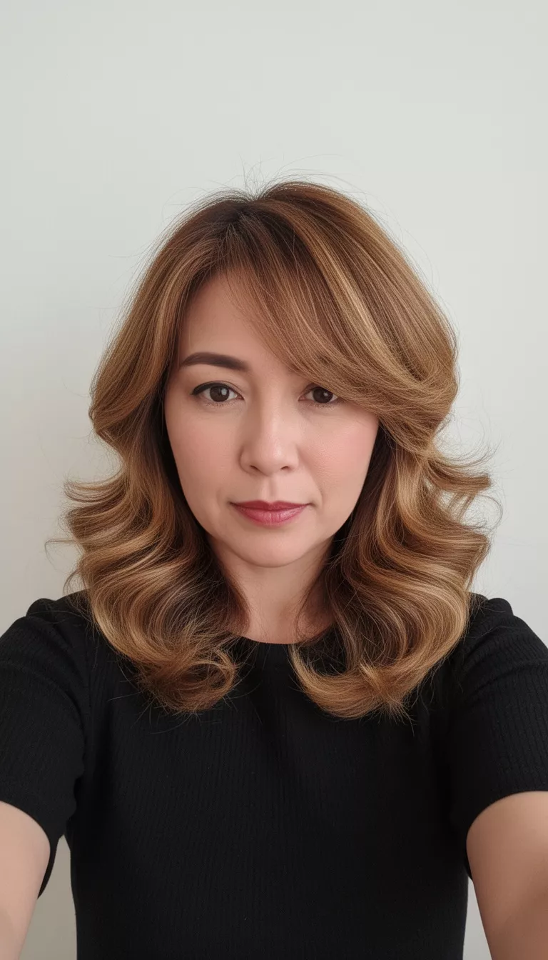 selfie of a 38-year-old woman wearing a black top with a Golden Brown Layered Waves hairstyle, front view, minimal background