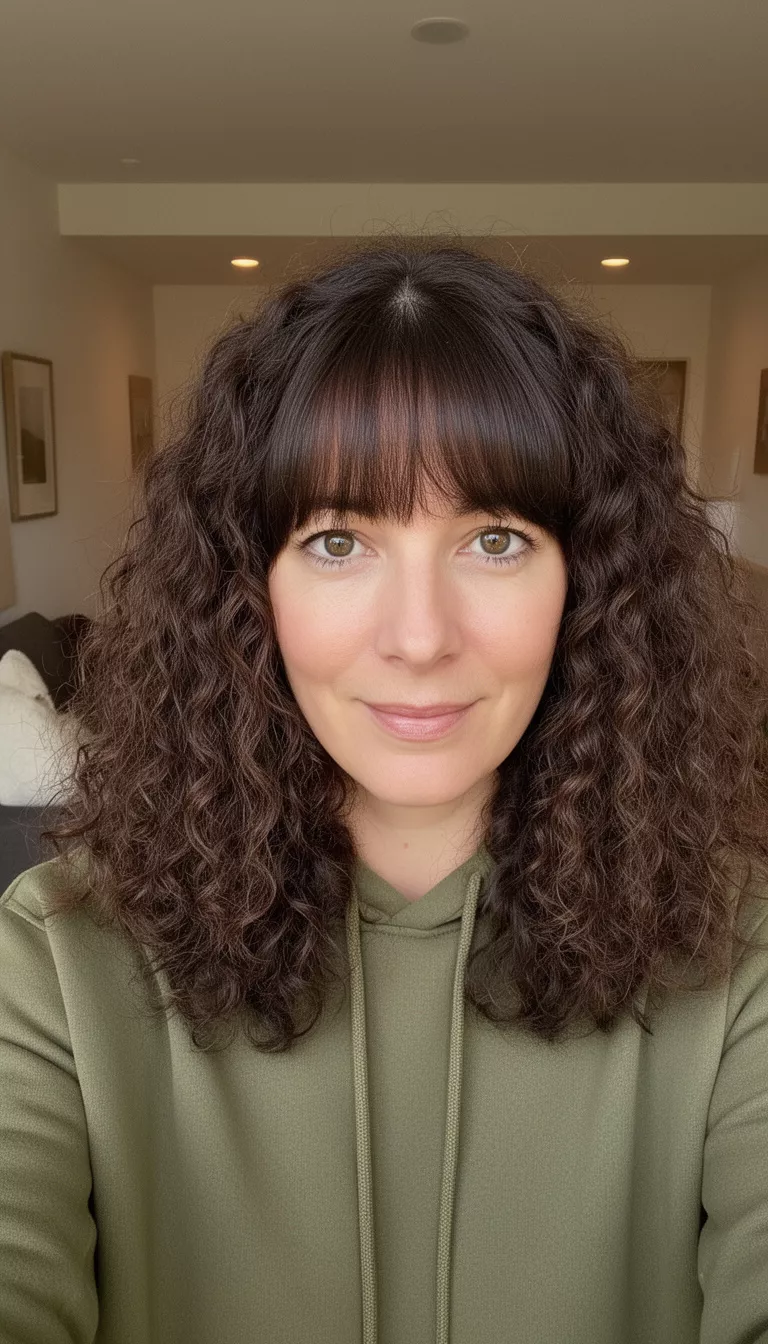 selfie of a 35-year-old woman wearing an olive green hooded top with a dark brown colored fluffy medium-length curly hairstyle and soft bangs, front view, cozy indoor background.