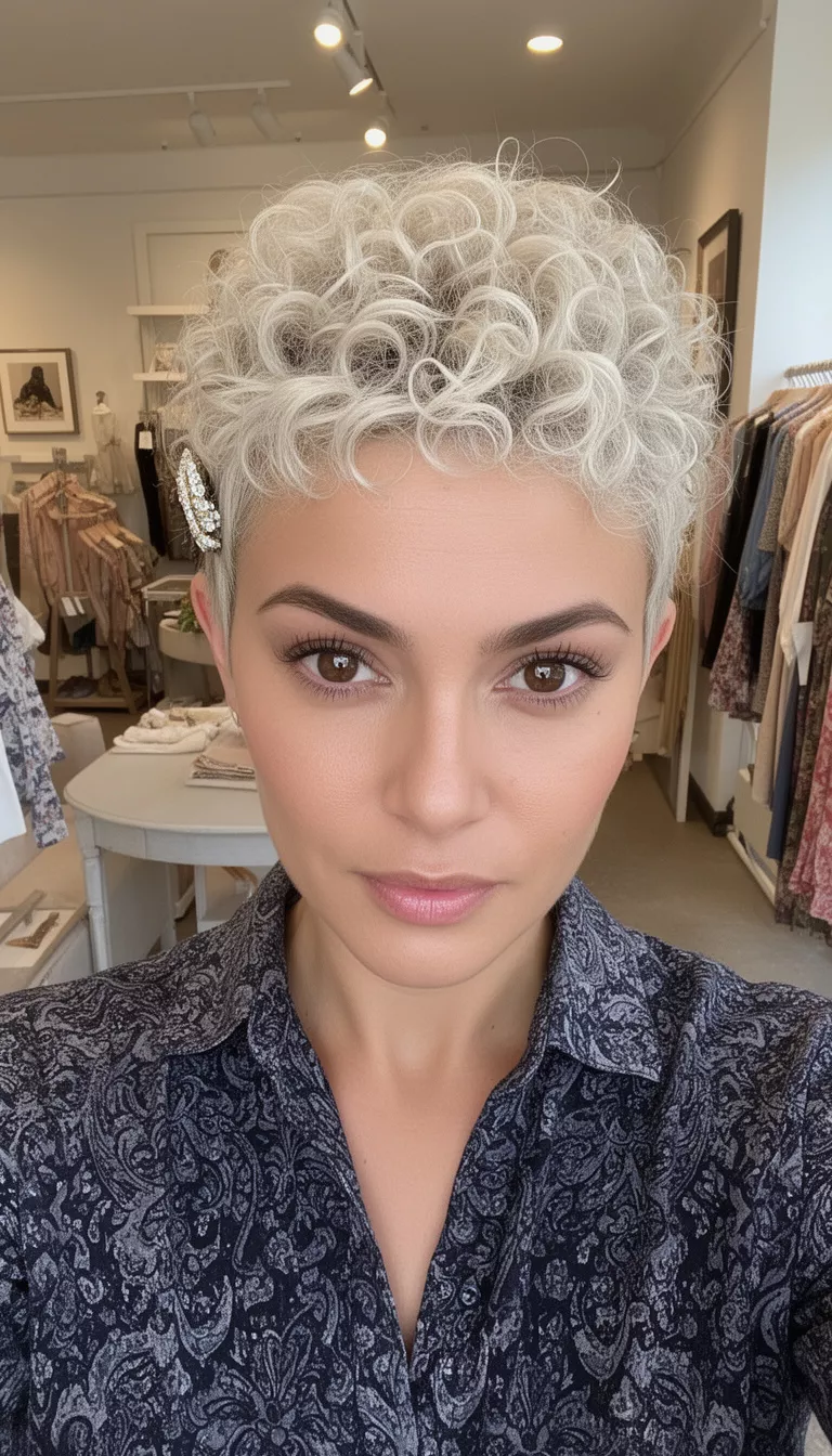selfie of a 30-year-old woman wearing a dark patterned shirt with a platinum blonde colored short tight curls with a jeweled clip hairstyle, front view, boutique interior background.