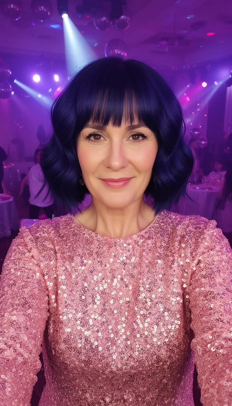 selfie of a 35-year-old woman wearing a sparkly pink sequined top with a dark navy colored wavy bob hairstyle, front view, party setting background.