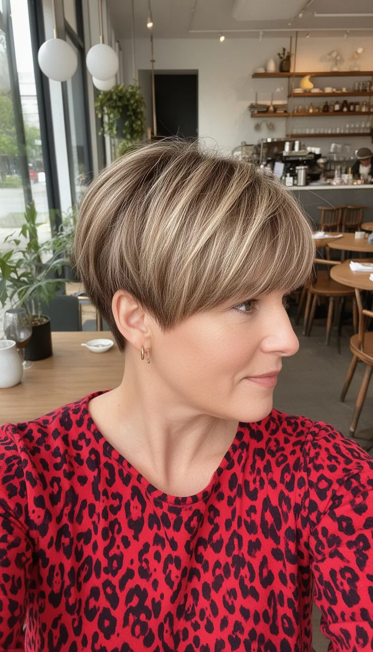 selfie of a 43-year-old woman wearing a red leopard print top with a light brown colored textured pixie cut with highlights and longer bangs, side view, chic cafe background.
