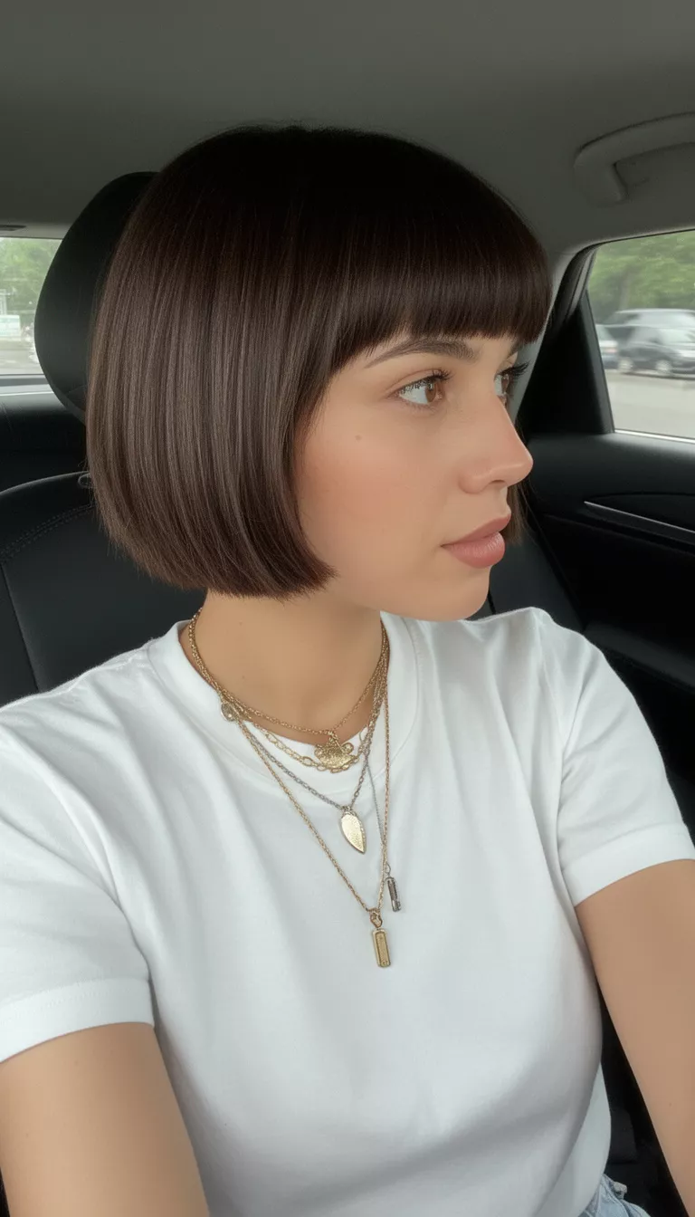 selfie of a 27-year-old woman wearing a white t-shirt and layered necklaces with a dark brown colored short hairstyle and blunt bangs, side view, interior of a car background.