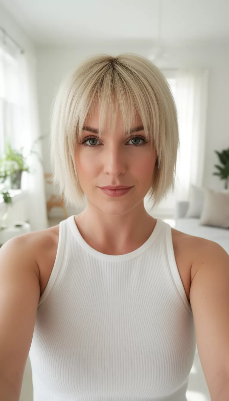 selfie of a 29-year-old woman wearing a white ribbed tank top with a light blonde colored choppy chin-length bob hairstyle, front view, bright airy room background.