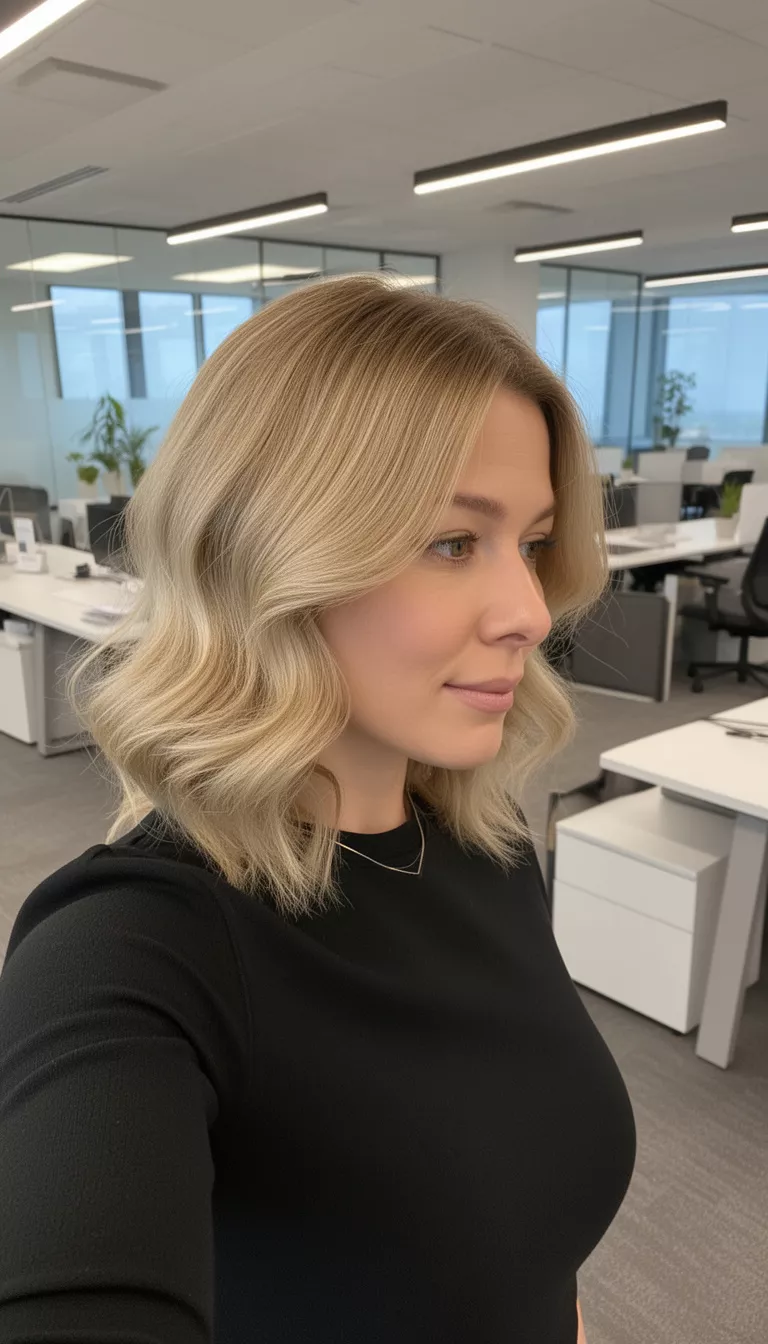 selfie of a 32-year-old woman wearing a black top with a light blonde colored wavy shoulder-length hairstyle, side view, modern office background.