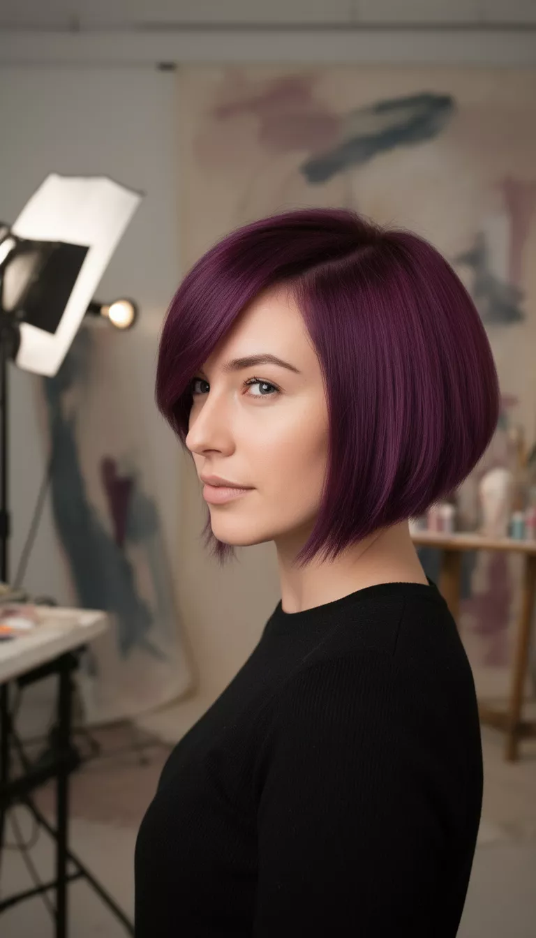 selfie of a 36-year-old woman wearing a black top with a plum colored short asymmetrical bob hairstyle, side view, artistic studio background.