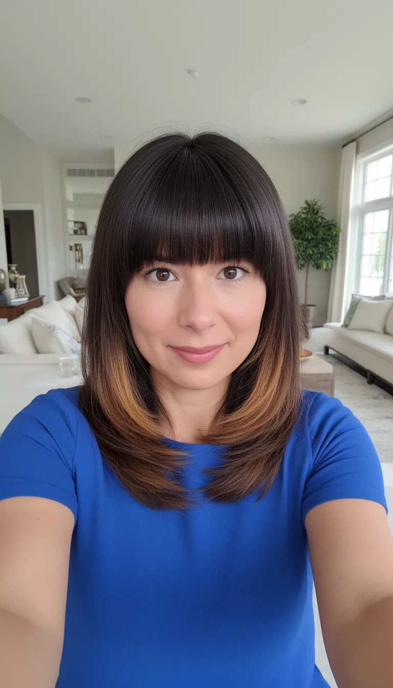 selfie of a 33-year-old woman wearing a blue top with a dark brown colored layered medium-length hair with subtle ombre ends and straight-across bangs hairstyle, front view, bright living room background.