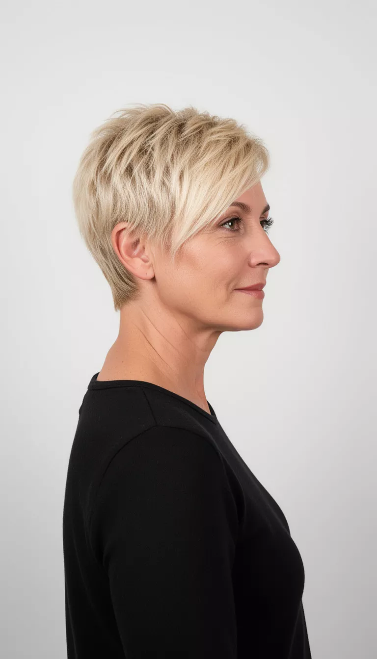 casual photo of a 45-year-old woman wearing a black top with a bright blonde colored texturized asymmetrical short hairstyle, side view, minimalist studio background.
