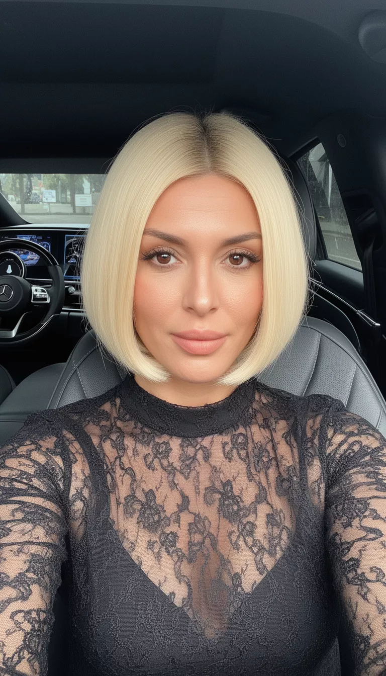 selfie of a 34-year-old woman wearing a sheer black patterned top with a bright blonde colored sleek slightly curved bob hairstyle, front view, luxury car interior background.