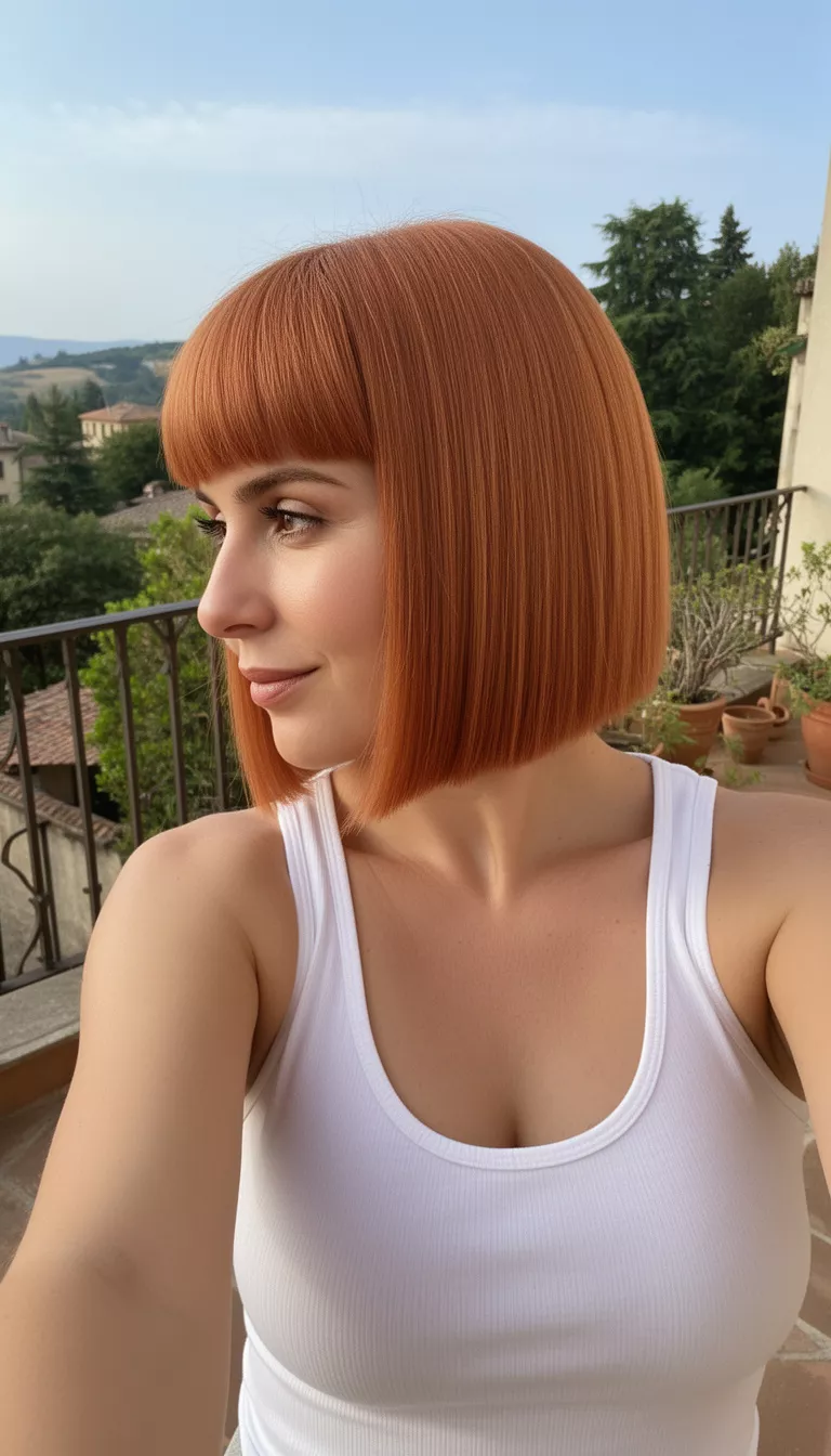 selfie of a 33-year-old woman wearing a white tank top with a warm copper-toned straight blunt bob hairstyle, side view, outdoor terrace background.