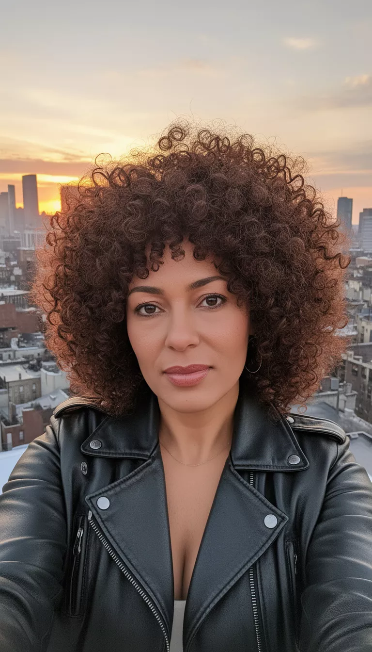 selfie of a 38-year-old woman wearing a black leather jacket with a dark brown colored voluminous tightly coiled hairstyle, front view, urban sunset background.