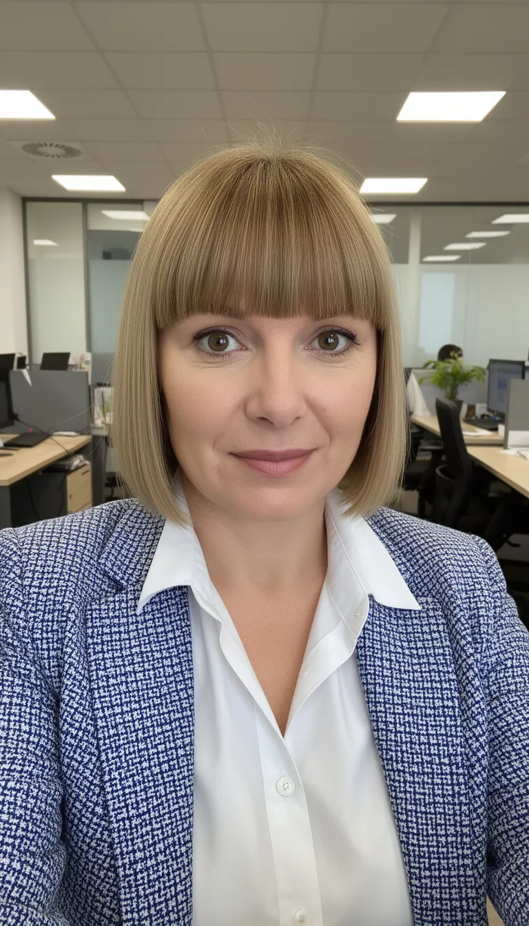 selfie of a 38-year-old woman wearing a white button-down shirt and blue patterned blazer with a light brown colored short straight hairstyle and full bangs, front view, professional office background.