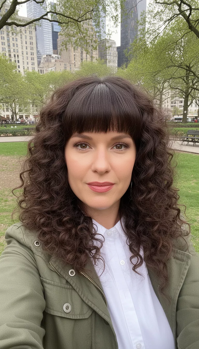selfie of a 37-year-old woman wearing a white shirt and olive green jacket with a dark brown colored voluminous curly hairstyle and full bangs, front view, city park background.