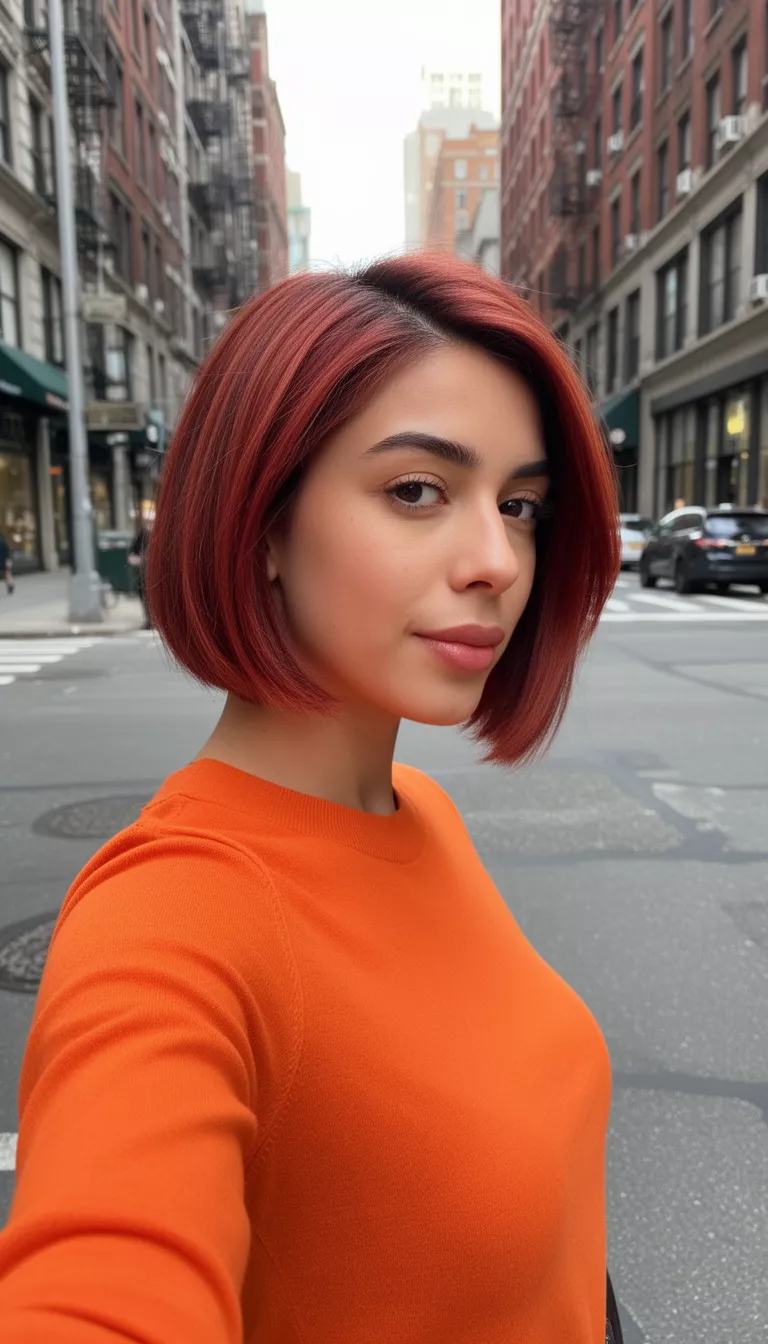 selfie of a 31-year-old woman wearing an orange top with a reddish-brown highlighted bob hairstyle, side view, urban street background.