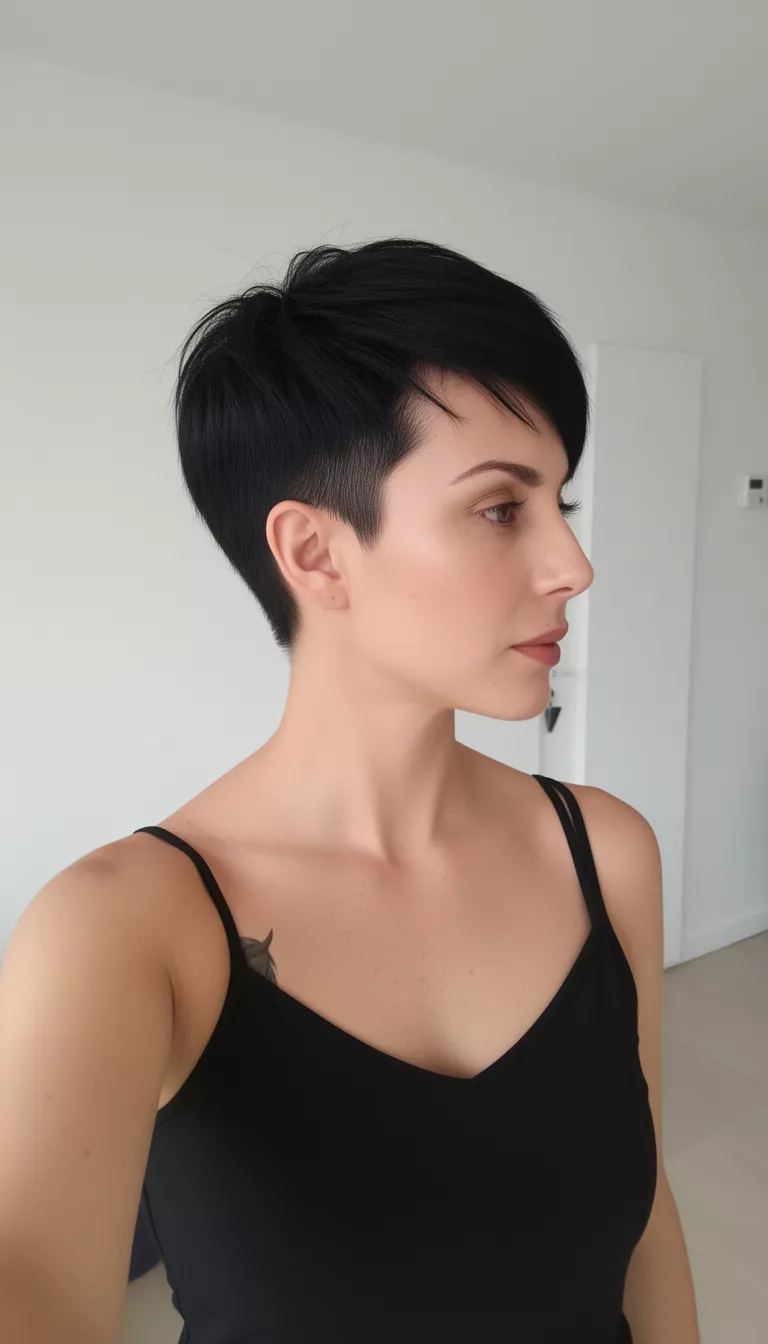 selfie of a 36-year-old woman wearing a black camisole with a jet-black colored asymmetric pixie hairstyle, side view, minimalist indoor background.