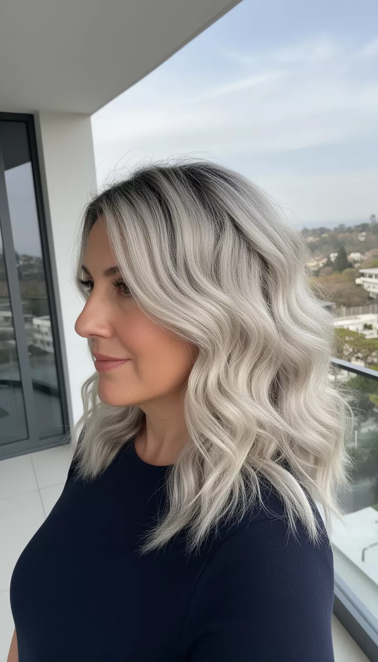 selfie of a 44-year-old woman wearing a dark top with a platinum blonde colored wavy medium-long hairstyle with dark roots, side view, modern balcony background.