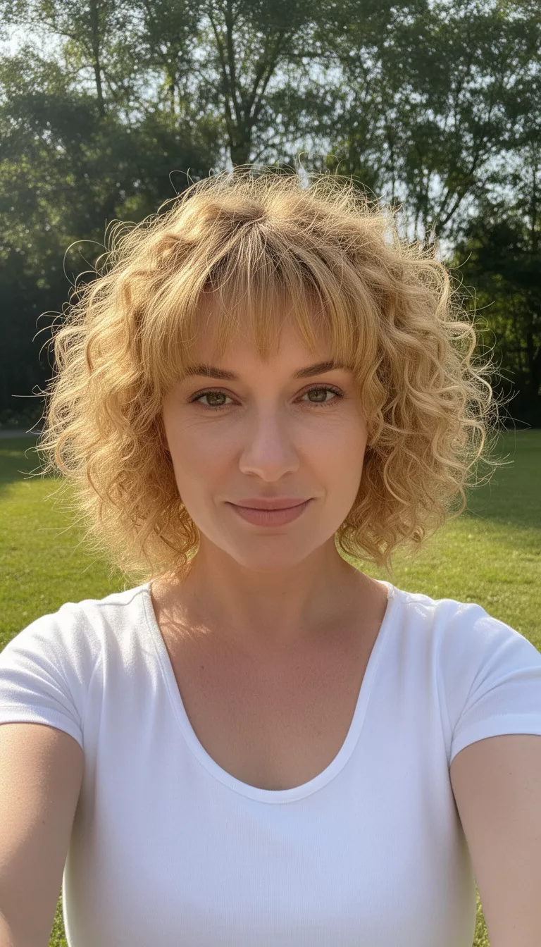 selfie of a 30-year-old woman wearing a white top with a golden-blonde colored very curly chin-length hairstyle and bangs, front view, sunlit outdoor background.