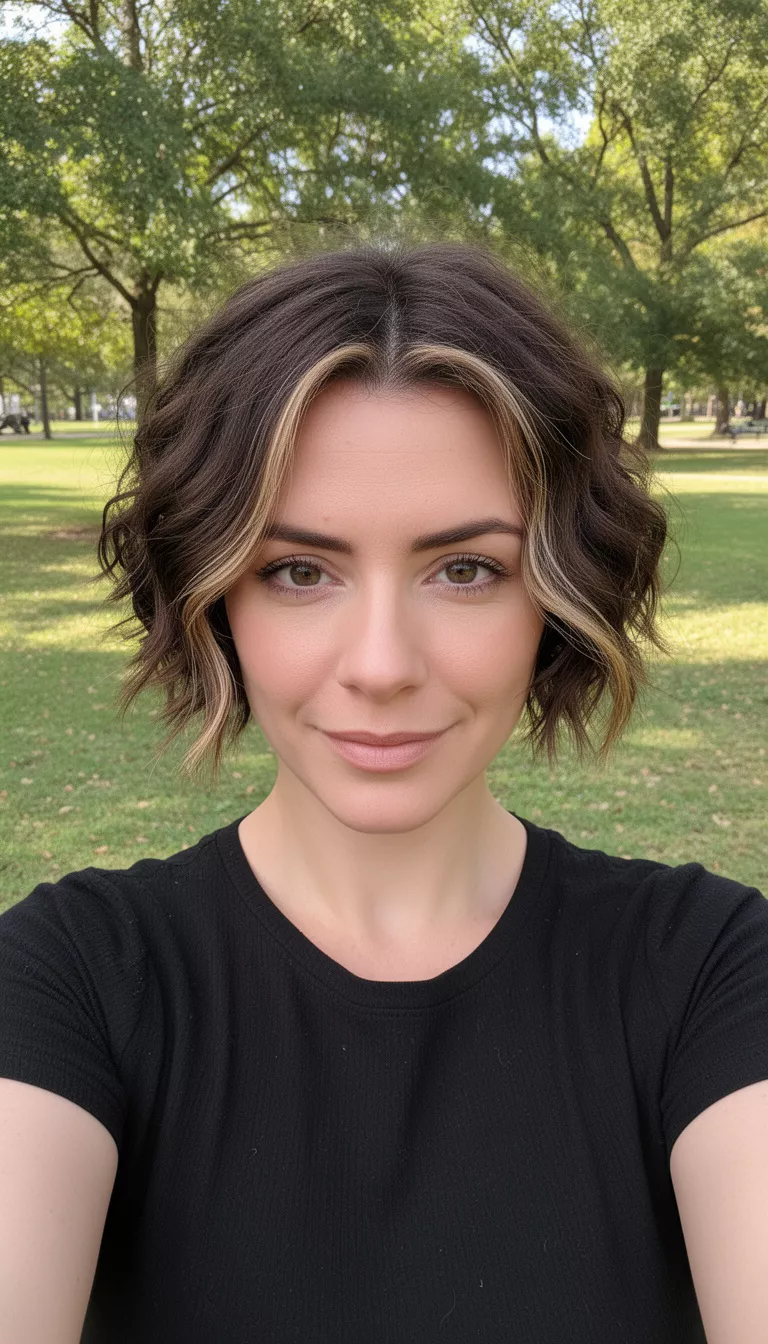 selfie of a 31-year-old woman wearing a black top with a dark brown colored very short wavy hairstyle with lighter face-framing highlights, front view, sunlit park background.